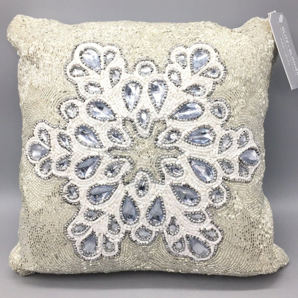 x2 Glitz & Glimmer Christmas Beaded Silver Snowflake Throw Pillow Set Decor 14"
